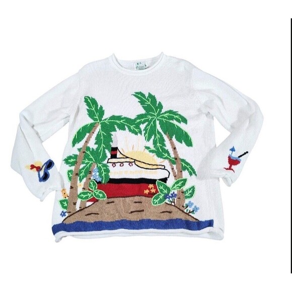 Quacker Factory Sweaters - Quacker Factory Womens Coastal Grandma Cruise Ship Sweater M Palm Tree Beach